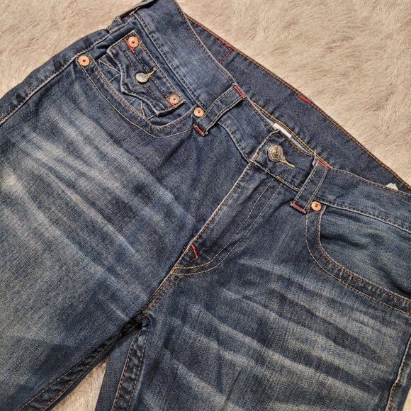 True Religion Mens Bootcut Jeans Sz 34 Whiskered Blue - Picture 5 of 12